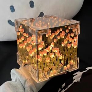 Tulip Night Light, Handmade DIY Cube Mirror Light with 20 Flowers, Tulip Flower Table Lamp & Mirror 2-in-1 for Decoration, Birthday Gifts for Women and Girl, Multicolor, LED