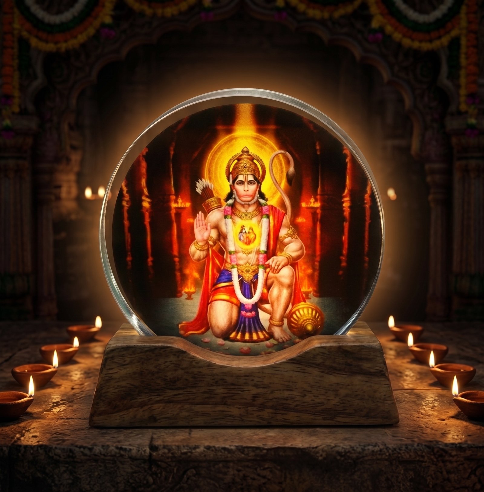 3D Acrylic Hanuman Ji Idol Frame with Premium Wooden Base Lamp